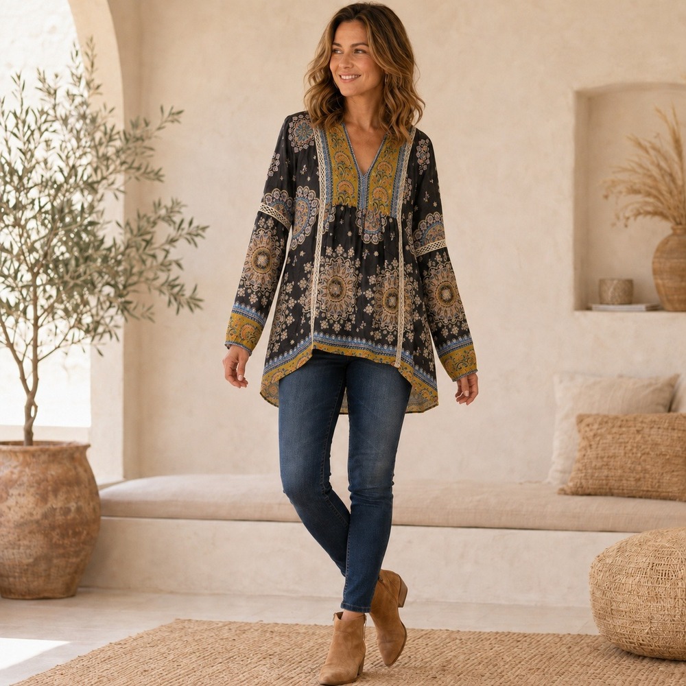 Sundance Womens Boho Mandala Floral Print Crochet Lace Trim V-Neck Blouse Small